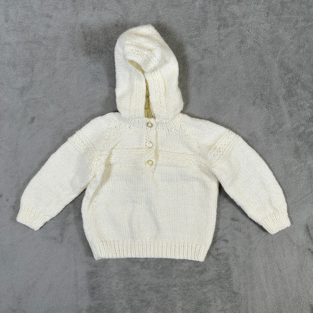 Handmade Cream White Knit Hooded Sweater Baby Toddler Button Neck Pullover